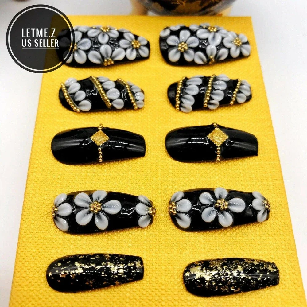 Press on‎ Nails Glue On Long Coffin 3D Black Gold
